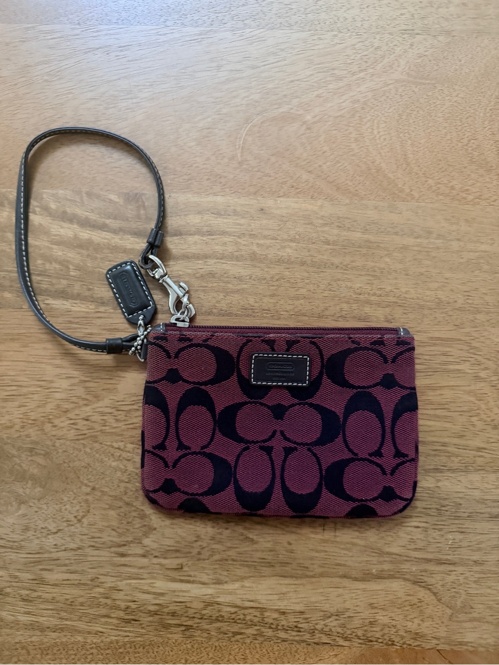 Coach Burgundy and Black Signature Wristlet Pouch